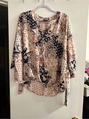 Daytrip Paisley Wrap Blouse in Beige and Navy